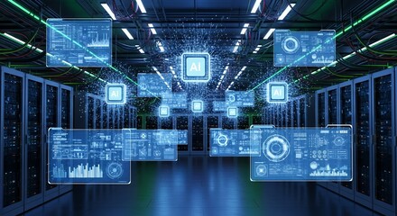 Futuristic AI data center with holographic displays and server racks