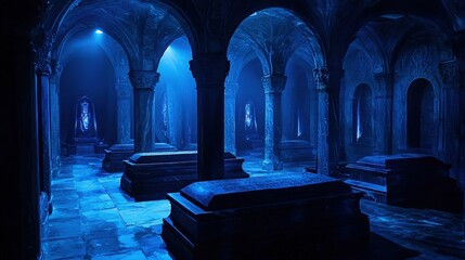 A crypt filled with ancient tombs, bathed in a cool, ethereal blue light.