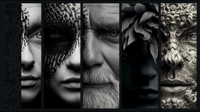 cover for presentation and image on black background with nice AI examples on people in different artistic styles