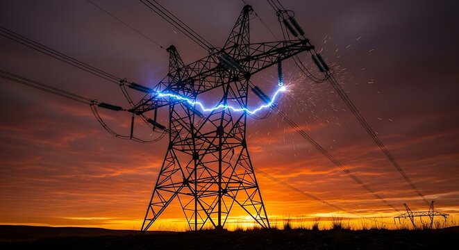 Dramatic electrical discharge on power transmission tower at vivid sunset landscape
