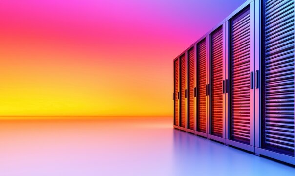 Servers against a vibrant, gradient backdrop. Metallic server racks stand in a row, reflecting the colorful orange, yellow, and pink background. Floor reflects the scene