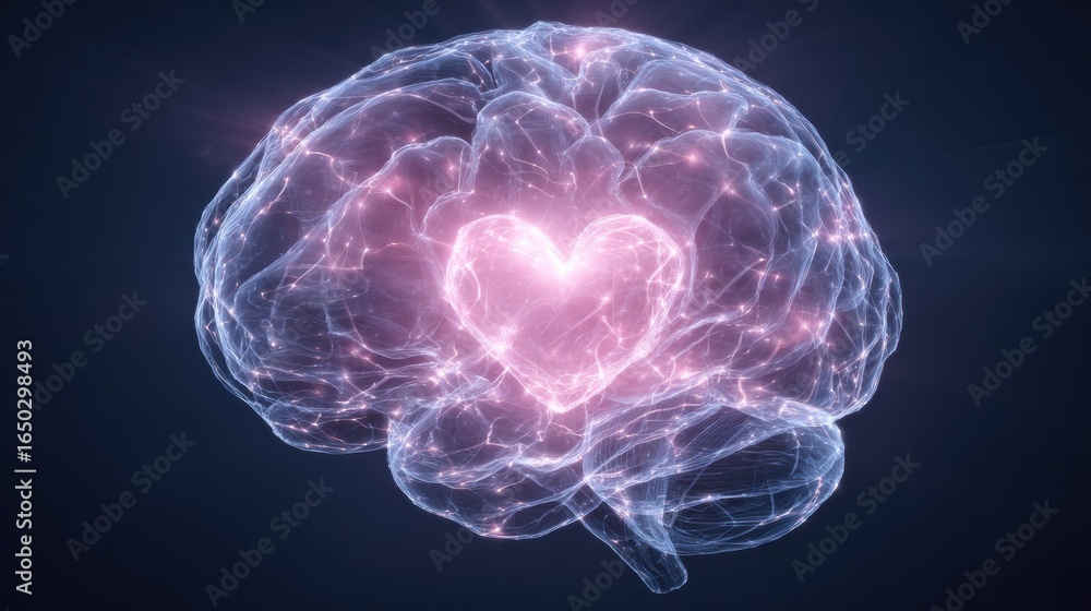 Poster representation of a brain with a glowing heart shape at its center showcasing the connection between