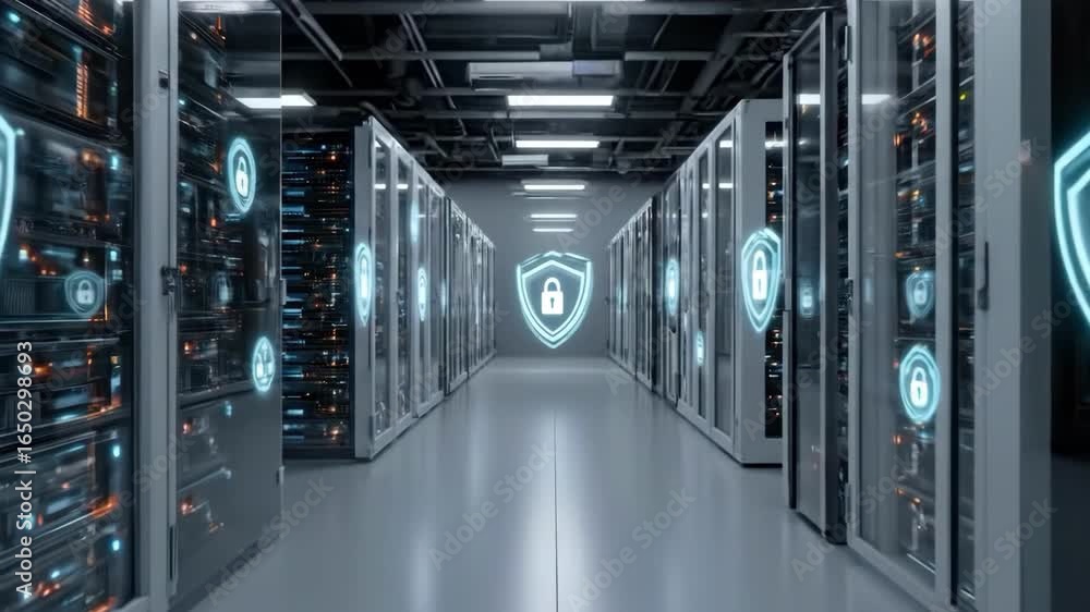 Poster data security: a server room showcasing the heart of a data center, symbolizing robust security, dat