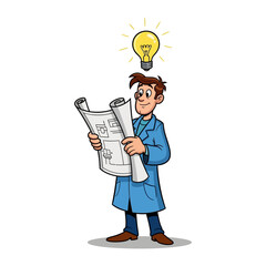 Inspired Blueprint: An illustration portrays a thoughtful architect in a lab coat, holding a blueprint as a glowing lightbulb illuminates his creative inspiration.