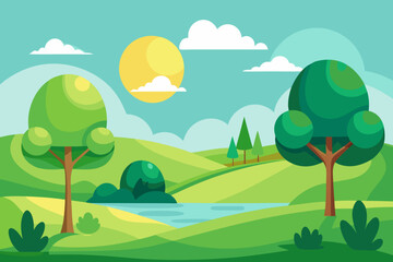 Obraz premium Cheerful Flat Landscape with Trees Hills and Sunburst Sky