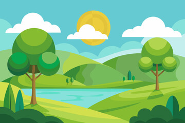 Cheerful Flat Landscape with Trees Hills and Sunburst Sky