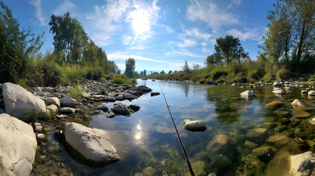 Summer River Fishing Scene Bright Sunny Day