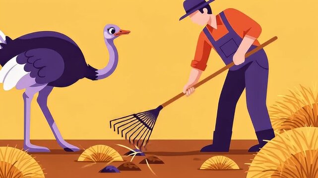 Farmer tending field with curious ostrich in vibrant animated video scene