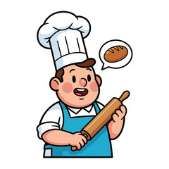 Chef's Delight: Animated chef holding a rolling pin with a thought bubble about bread, signifying his passion for his craft.