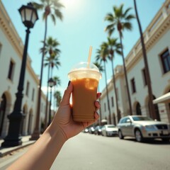 Hand holding iced coffee smoothie in plastic cup with straw on sunny palm tree lined city street, refreshing summer drink lifestyle travel and urban living concept