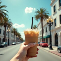Hand holding iced coffee smoothie in plastic cup with straw on sunny palm tree lined city street, refreshing summer drink lifestyle travel and urban living concept