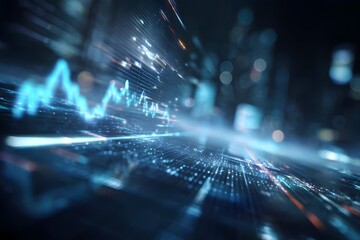 Dynamic financial data graph with futuristic digital cityscape.