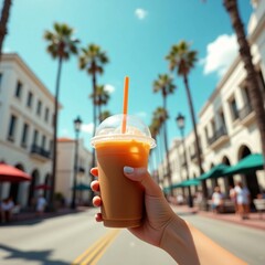 Hand holding iced coffee smoothie in plastic cup with straw on sunny palm tree lined city street, refreshing summer drink lifestyle travel and urban living concept