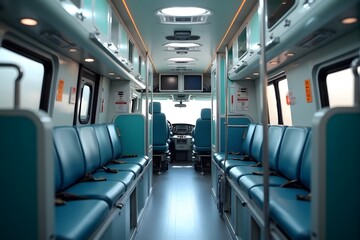 Clean, blue seats inside a modern bus.