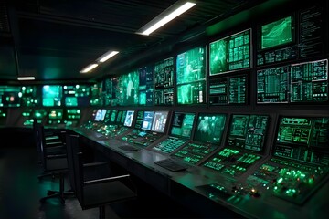 Green-lit control room with monitors and consoles.