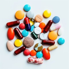 Assorted colorful pills and capsules scattered on a white background