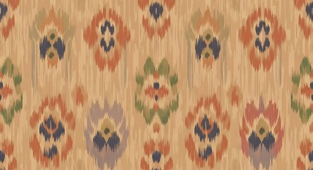 Delicate ikat seamless pattern with blurry floral shapes in earthy tones and intricate brush