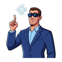 Tech Visionary in Augmented Reality: A forward-thinking individual, clad in stylish attire and augmented reality glasses, points towards a futuristic interface.