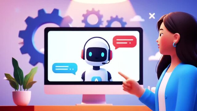 3D Illustration Woman Talking to AI Robot on Computer Screen