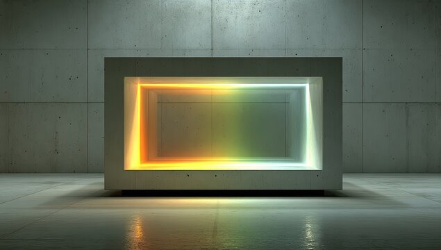 A gray concrete display case with vibrant neon light