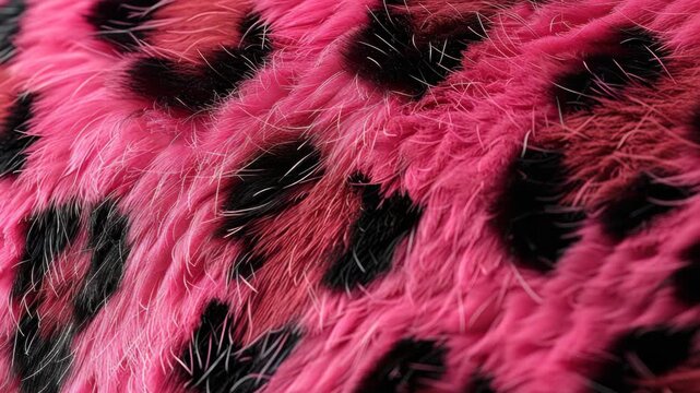 The  showcases a vibrant, plush fur coat with a cheetah print design in pink and white. It is designed to provide warmth and add a chic style element to any outfit.