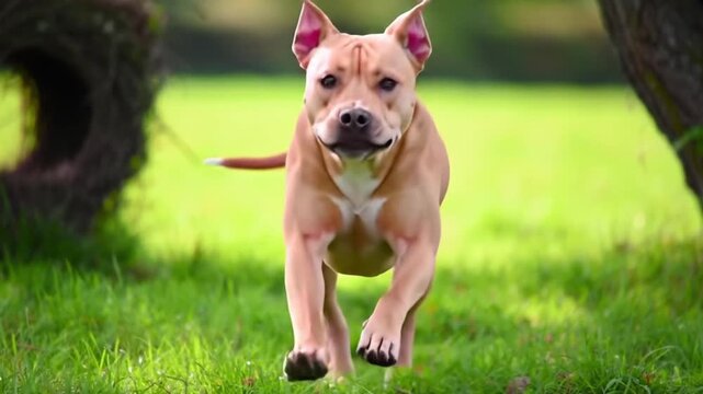 Tan pitbull dog running in grassy field suitable for pet products, animal care advertisements, or dog training services visuals.
