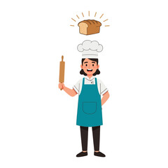 Baking Dream and rolling pin: A smiling baker, adorned in a chef's hat and apron, stands with a rolling pin, a freshly baked loaf of bread visualized.