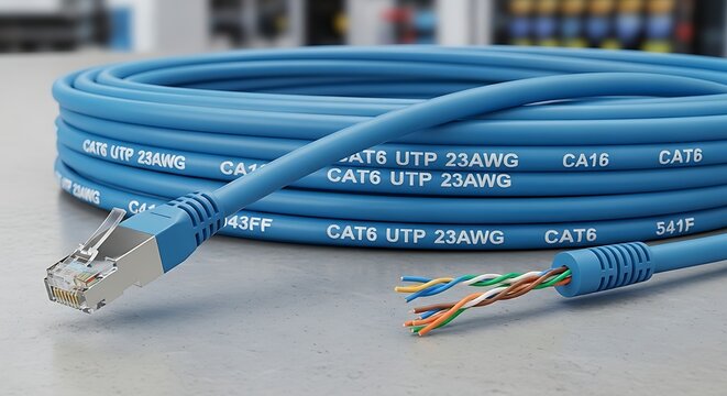 Detailed close-up of a blue CAT6 cable showcasing network connectivity components and design
