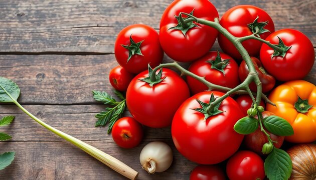Ripe red tomatoes and assorted vegetables on rustic wooden background, tomatoes, wood - Powered by Adobe