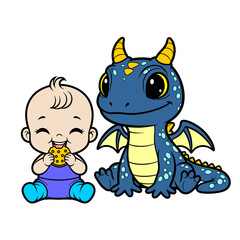 baby eating cookies beside baby dragon vector illustration, isolated on white