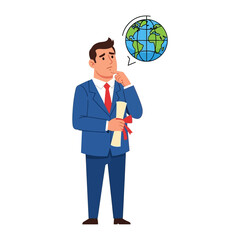 Global Contemplation: An illustrated depiction of a thoughtful individual pondering the complexities of the globe, symbolizing international relations, travel and decision-making 