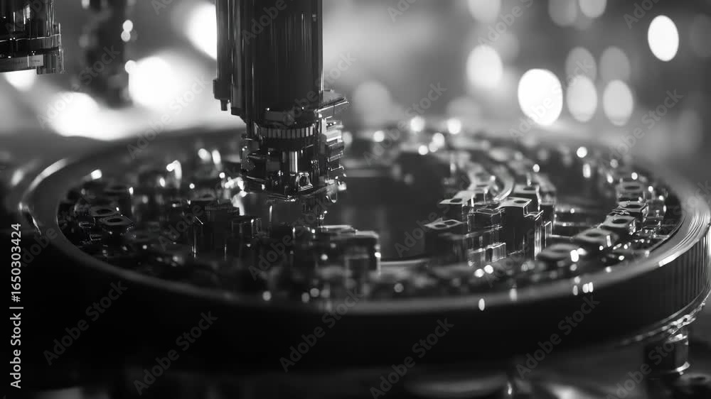Poster close-up view of intricate industrial machinery. complex mechanical parts rotate and operate