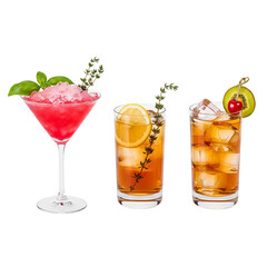 Three refreshing cocktails with garnishes on a white background