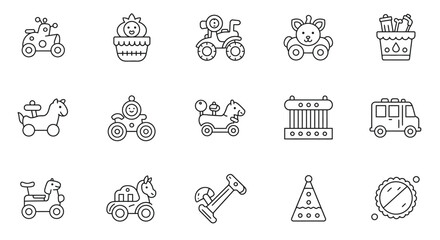 A collection of whimsical toy icons, illustrated in a simple line art style, perfect for children's designs, playful projects, and creative educational resources.