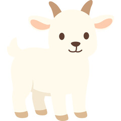 White goat illustration with small horns and standing pose, flat style vector farm animal perfect for agriculture and children’s designs.