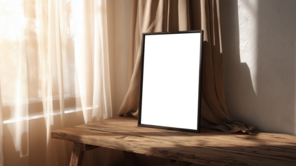 ultra-realistic poster mockup in a modern living room, minimalist black frame holding A-size Transparent paper, placed on a rustic wooden table