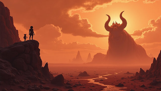 Two figures face horned beast in surreal red-hued landscape.