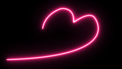 Abstract pink neon heart shape glowing on black background
