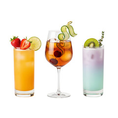 Three refreshing cocktails garnished with fruit and herbs