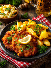 Traditional Wiener Schnitzel with French Fries, Potato Salad and Beer in Rustic Alpine Inn Setting. AI generative.