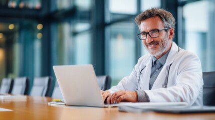 A smiling doctor works on a laptop in a modern office, showcasing a professional yet friendly atmosphere.