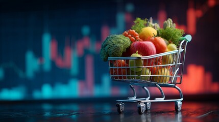 Miniature Shopping Cart Filled with Fresh Fruits and Vegetables Against Blurred Red Financial Graphs on Dark Background.