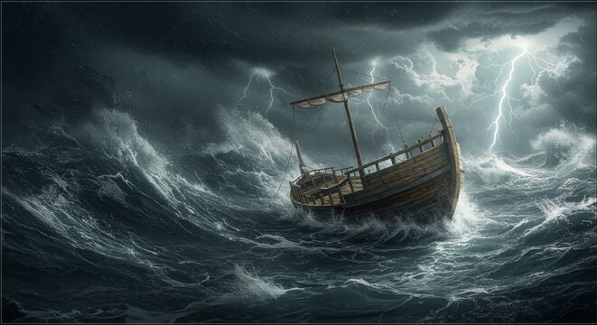 Ancient Vessel in Tempestuous Seas - A weathered wooden ship battles raging waves and lightning during a fierce storm. The scene evokes themes of survival and the power of nature