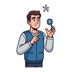 Microchip and Tech: A focused figure contemplates a microchip alongside abstract digital network. Capturing the core of technology.