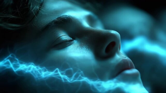 The complex neuroscience of sleep paralysis episodes is highlighted by a medium-length, sharp image of a sleeper's serene face surrounded by hazy, black figures lit by floating REM wave diagrams.