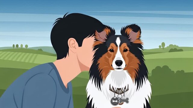 Loving sheltie dog gets a hug from his owner in a green landscape, it's a man's best friend