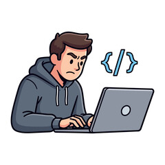 Frustrated Programmer and Code Symbol: A programmer is concentrated on programming, a visual of dedication and focus