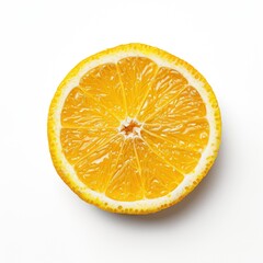 High-angle close-up of a citrus fruit slice.  A bright, round segment of a citrus fruit, showcasing its vibrant yellow flesh and segmented interior against a plain white background