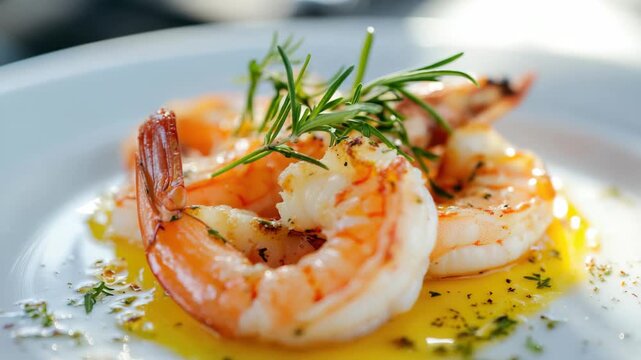 Delicious shrimp cooked in a sauce, garnished with chopped herbs.