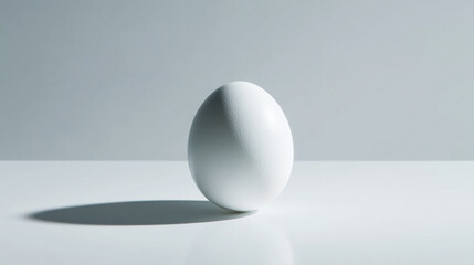 A single white egg standing on a white surface with a light gray background behind it